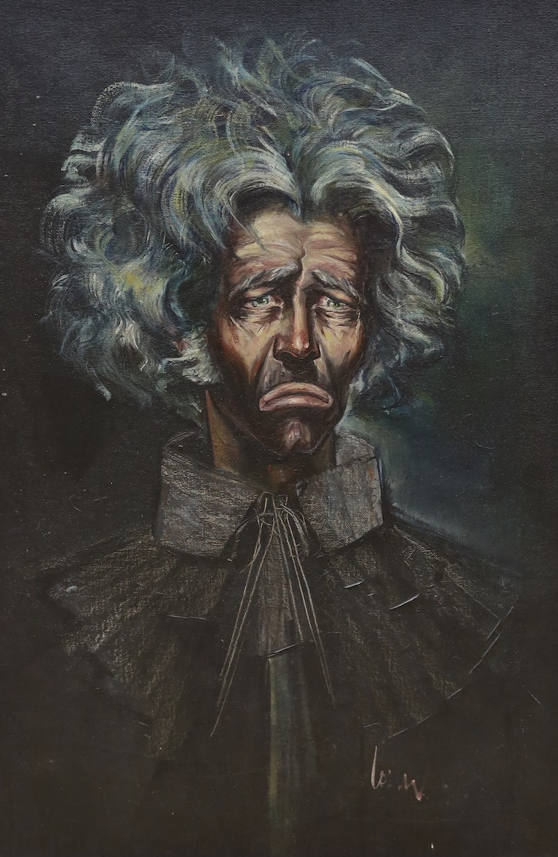 Ken Moroney (1949-2018), oil on board, portrait of a clown together with another 75x50cm